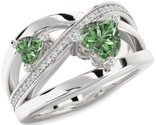 Green Diamond Silver Two Heart Ring
