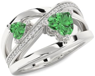 Diamond Green Sapphire Silver Two Heart Ring