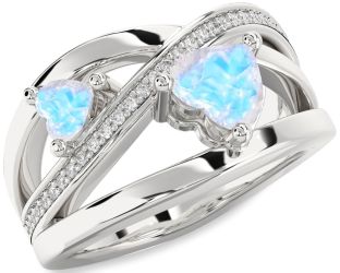 Diamond Emerald Silver Two Heart Birthstone Ring