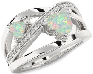 Diamond Emerald Silver Two Heart Birthstone Ring