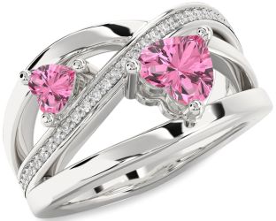 Diamond Pink Sapphire Silver Two Heart Ring
