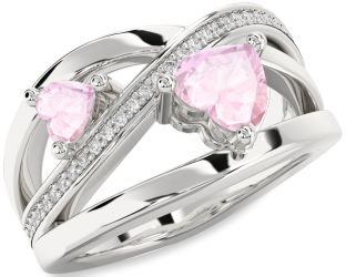 Diamond Rose Quartz Silver Two Heart Ring