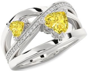 Yellow Diamond Silver Two Heart Ring