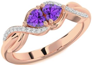 Diamond Emerald Rose Gold Knot Two Heart Birthstone Ring