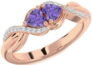 Diamond Emerald Rose Gold Knot Two Heart Birthstone Ring