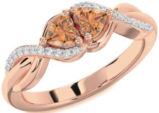 Diamond Emerald Rose Gold Knot Two Heart Birthstone Ring