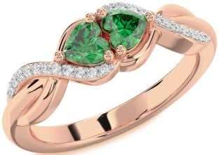 Diamond Emerald Rose Gold Knot Two Heart Birthstone Ring