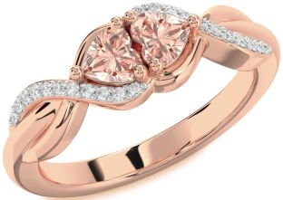 Diamond Emerald Rose Gold Knot Two Heart Birthstone Ring