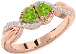 Diamond Emerald Rose Gold Knot Two Heart Birthstone Ring