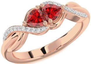 Diamond Emerald Rose Gold Knot Two Heart Birthstone Ring
