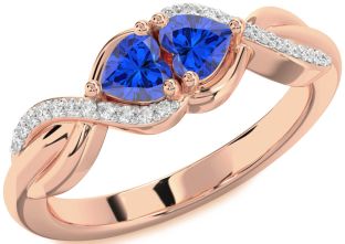 Diamond Emerald Rose Gold Knot Two Heart Birthstone Ring