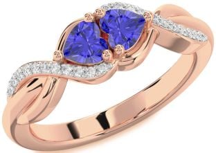 Diamond Emerald Rose Gold Knot Two Heart Birthstone Ring