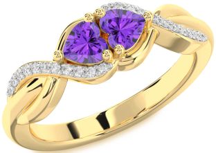 Diamond Emerald Gold Knot Two Heart Birthstone Ring