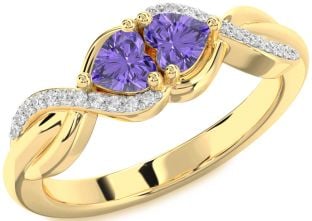 Diamond Emerald Gold Knot Two Heart Birthstone Ring