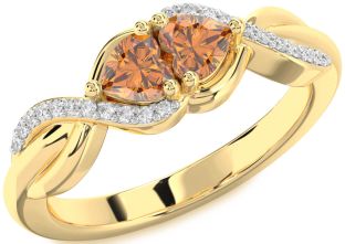 Diamond Emerald Gold Knot Two Heart Birthstone Ring