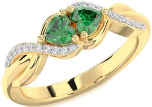 Diamond Emerald Gold Knot Two Heart Birthstone Ring