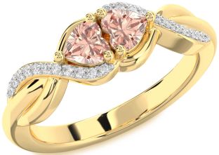 Diamond Emerald Gold Knot Two Heart Birthstone Ring