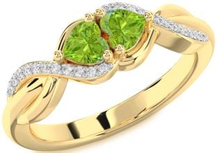 Diamond Emerald Gold Knot Two Heart Birthstone Ring