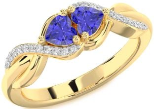 Diamond Emerald Gold Knot Two Heart Birthstone Ring