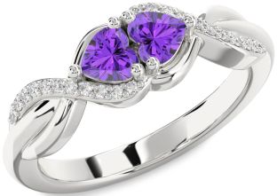 Diamond Emerald Platinum Knot Two Heart Birthstone Ring