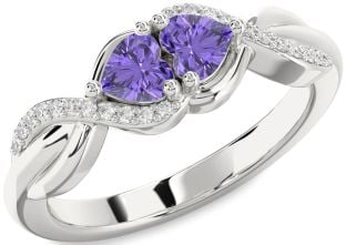 Diamond Emerald Platinum Knot Two Heart Birthstone Ring