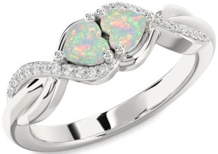 Diamond Emerald Silver Knot Two Heart Birthstone Ring