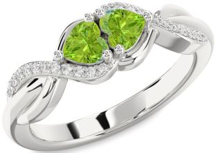 Diamond Emerald Platinum Knot Two Heart Birthstone Ring