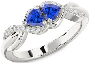 Diamond Emerald Platinum Knot Two Heart Birthstone Ring