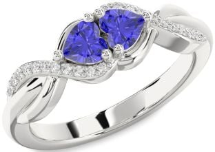 Diamond Emerald Platinum Knot Two Heart Birthstone Ring