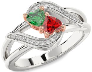 Diamond Emerald Silver & 10K Rose Gold Two Heart Birthstone Ring