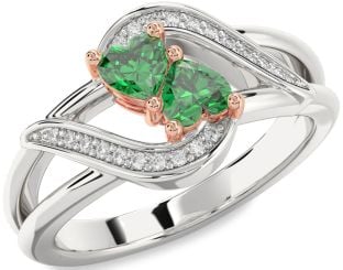 Diamond Emerald White Rose Gold Two Heart Birthstone Ring