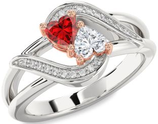 Diamond Emerald Platinum & Rose Gold Two Heart Birthstone Ring