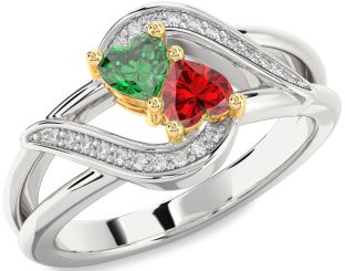 Diamond Emerald Silver & 10K gold Two Heart Birthstone Ring