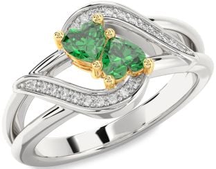 Diamond Emerald Platinum & Yellow Gold Two Heart Birthstone Ring