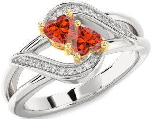 Diamond Fire Opal Gold Silver Two Heart Ring