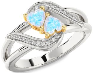 Diamond Moonstone Gold Silver Two Heart Ring