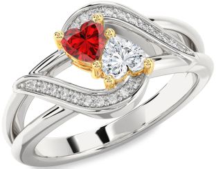 Diamond Emerald Platinum & Yellow Gold Two Heart Birthstone Ring