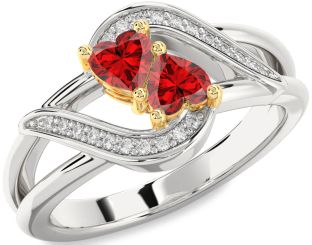 Diamond Emerald Gold Silver Two Heart Birthstone Ring