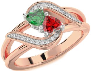 Diamond Emerald Platinum & Rose Gold Two Heart Birthstone Ring