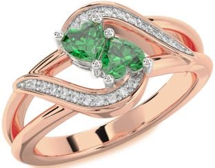 Diamond Emerald White Rose Gold Two Heart Birthstone Ring