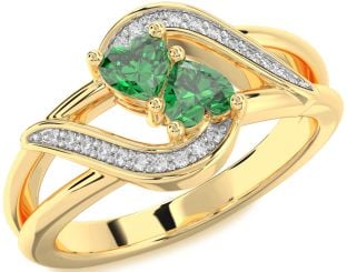 Diamond Emerald Gold Two Heart Birthstone Ring