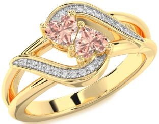 Diamond Morganite Gold Silver Two Heart Ring