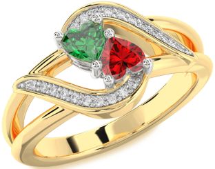 Diamond Emerald Platinum & Yellow Gold Two Heart Birthstone Ring