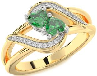 Diamond Emerald Platinum & Yellow Gold Two Heart Birthstone Ring