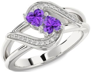 Diamond Emerald Silver Two Heart Birthstone Ring