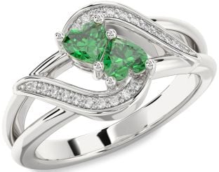 Diamond Emerald Silver Two Heart Birthstone Ring