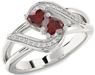 Diamond Emerald Silver Two Heart Birthstone Ring