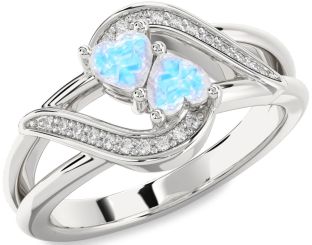 Diamond Emerald Silver Two Heart Birthstone Ring