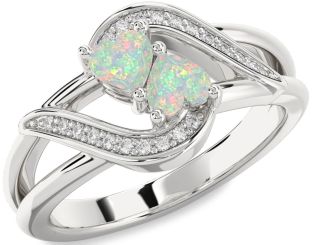 Diamond Emerald Silver Two Heart Birthstone Ring