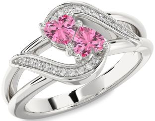 Diamond Pink Sapphire Silver Two Heart Ring